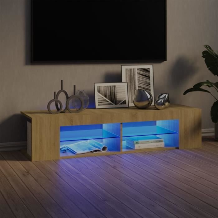 Meuble-HIFI - SOLDE - Table basse de salon avec lumières LED - Blanc - Chêne sonoma - 135x39x30 cm