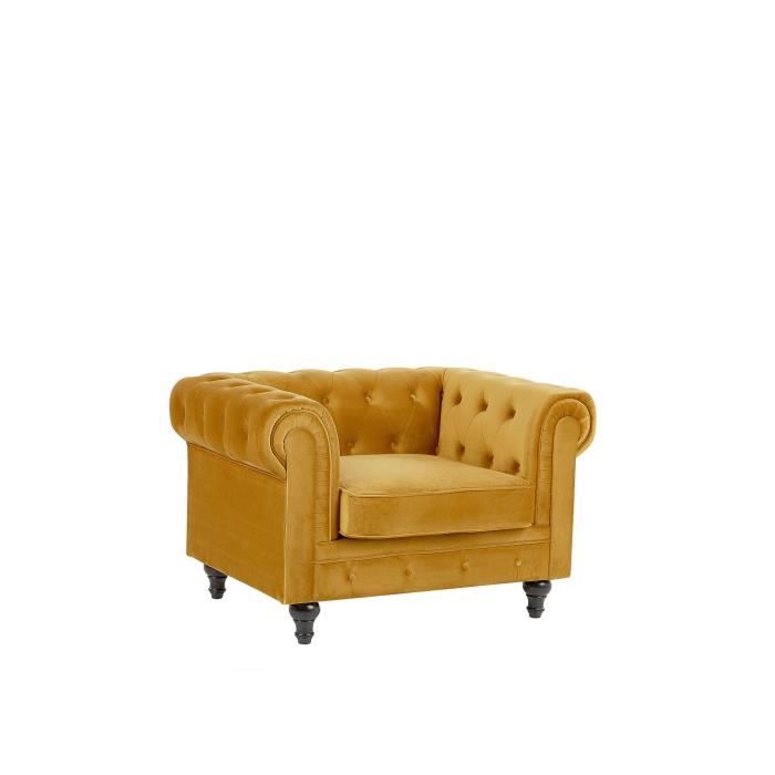 fauteuil en velours jaune moutarde chesterfield - beliani - 1 place - intérieur - avec accoudoirs - salon