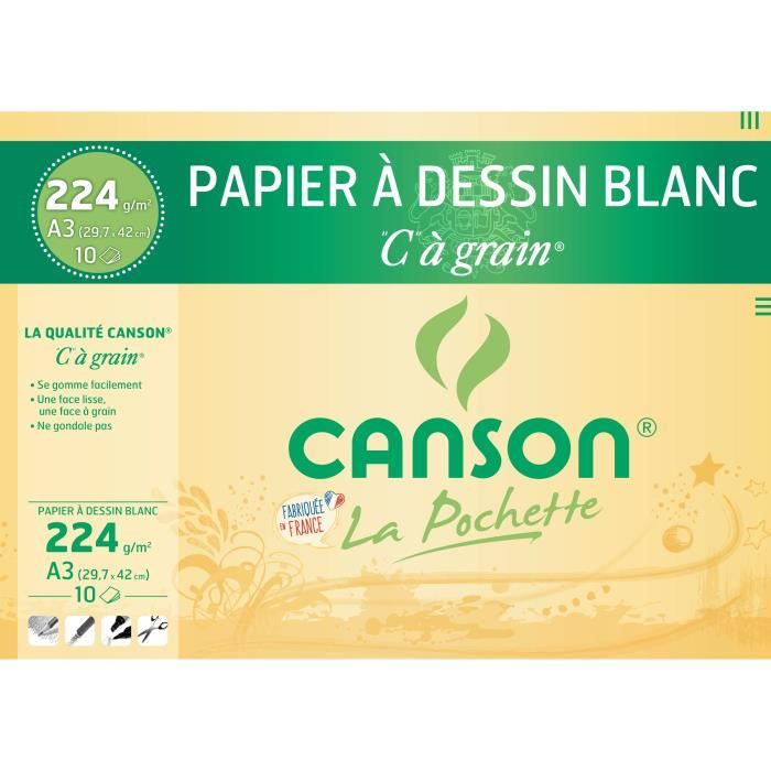 CANSON Pochette papier à dessin C à Grain 10 feuilles A3 - 224 g - Blanc