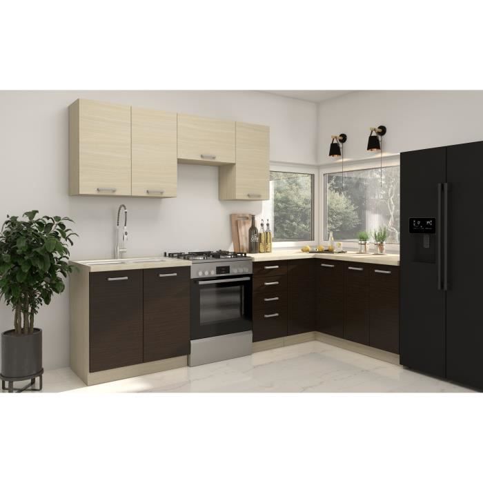 CHAMONIX Cuisine complète d'angle réversible (gauche / droit) - Décor chêne - L270 x P150 x H82 cm -