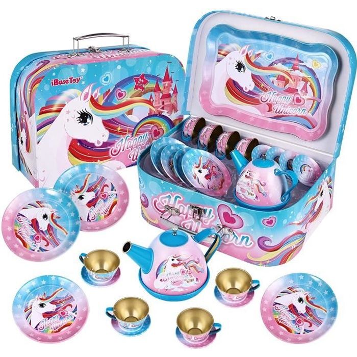 Service De Thé Licorne Pour Enfants – Coffret Portatif En étain Avec Desserts Et Accessoires – Jeu D’imitation Et Cadeau Fille Dès 3 Ans