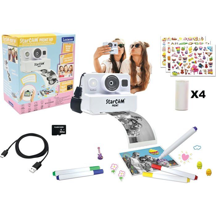 Lexibook - StarCAM Print - Appareil instantané - Fonctions Photo et vidéo Carte Micro-SD 32Go et kit de Personnalisation