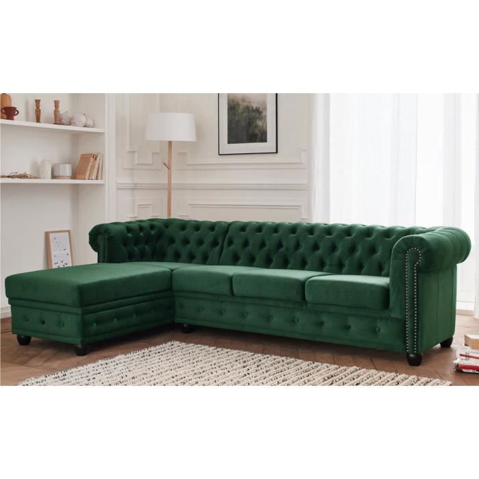Canapé d'angle 4 places Tissu Chesterfield Vert