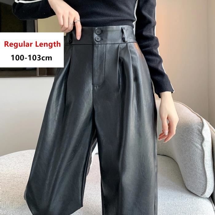 Seoulish Pantalon en cuir PU pour femme bouton taille haute jambe large pleine longueur femme automne hiver nouveau 2023