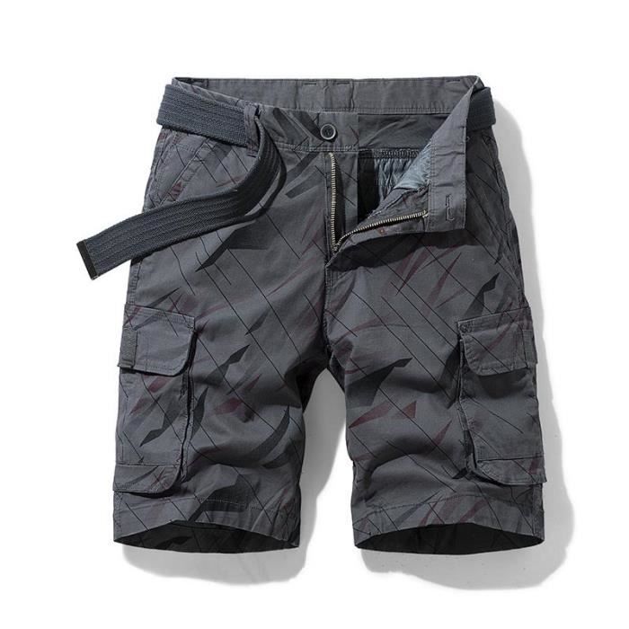 Short Cargo Homme Coupe Droite Bermuda Ete Coton Multi-poches Tissu Confortable - Gris