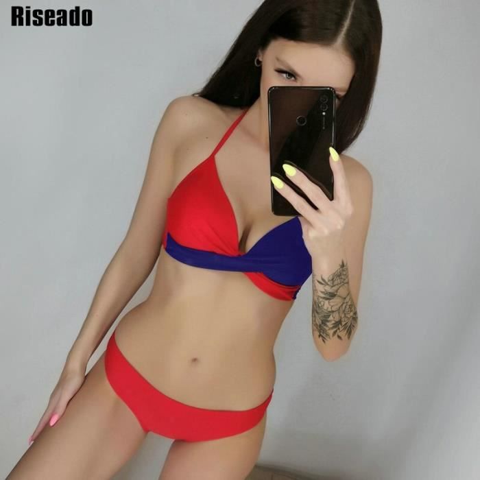 Maillot De Bain 2 Pièces Femme - Bikini Sport Taille Haute Push-Up Licou Avec Bretelles Larges