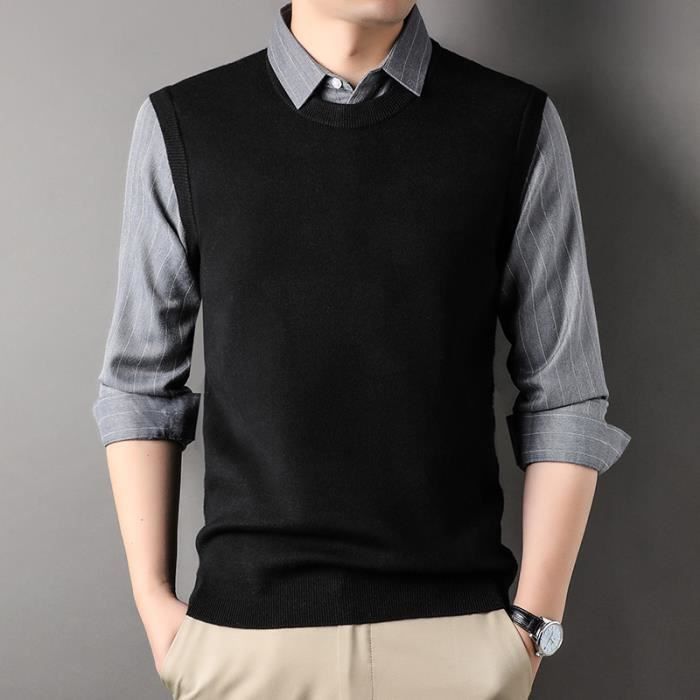 Pull homme Faux Deux Pi ces Tricot Col Chemise Manches Longues