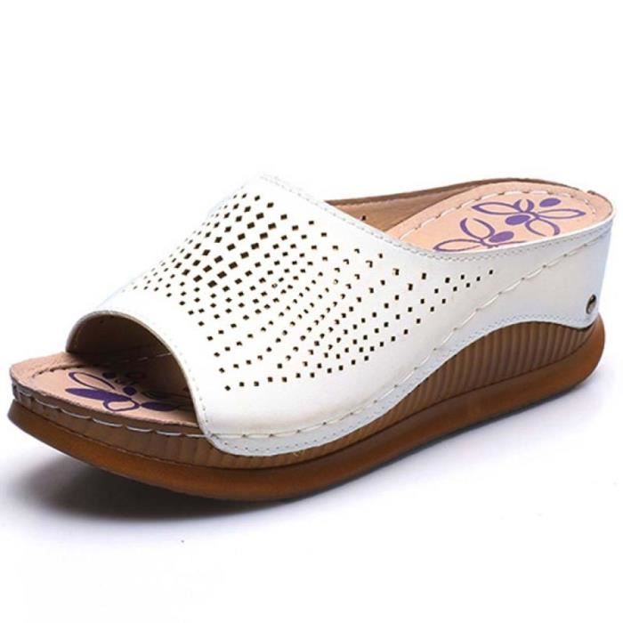 Femme Mules Confortables Pied Large Chaussures de Base à Talons Compensees Sandales Bout Ouvert PU Cuir Synthétique Pantoufles Plateforme Mode Chaussures Talon épais Un Pied