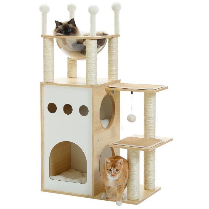 Comparer les prix de PAWZ Road Arbre a Chat en Bois de 108cm 2 Etages, Arbre à Chat avec Griffoirs, Capsules Acrylique et Pompon, Beign