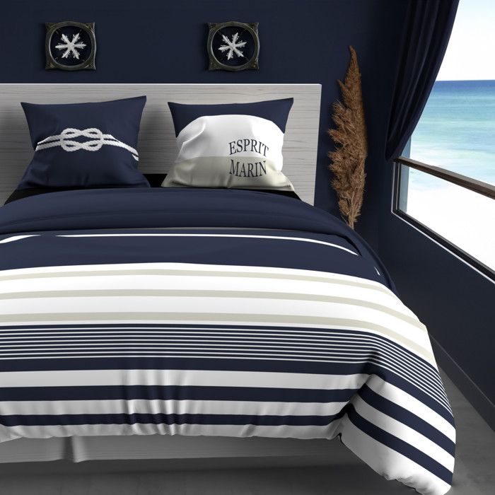 Parure housse de couette 240x220 cm en coton 57 Fils MARIN bleu par Soleil docre
