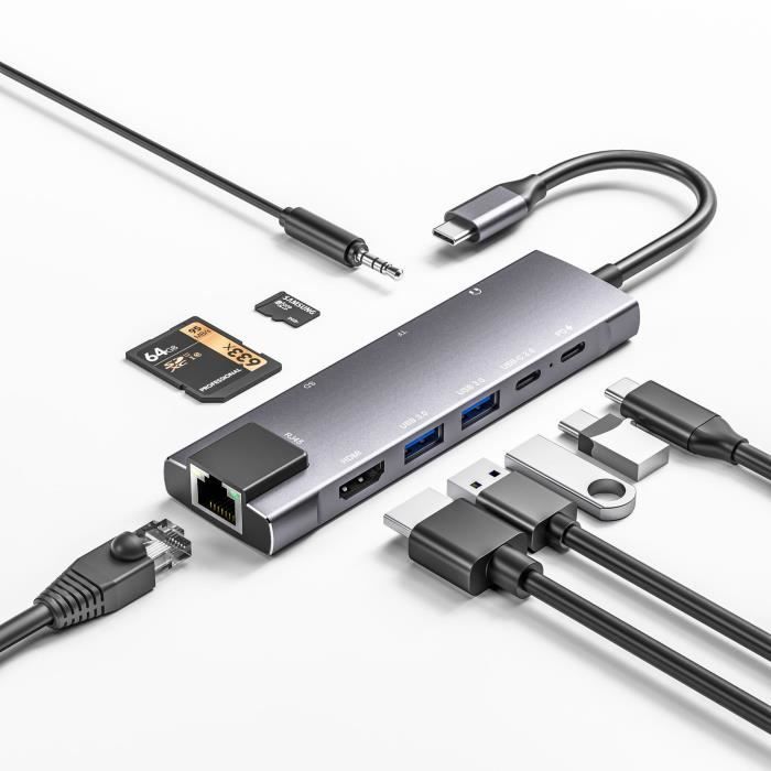 Hub USB C Adaptateur 9 en 1 Type C avec Ethernet RJ45 100M 4K-HDMI USB 3.0 Lecteur de Carte SD/TF AUX 3.5 mm Audio pour MacBook iPad