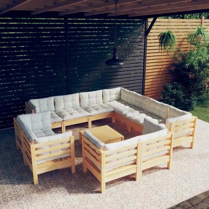 vidaXL Salon de jardin 12 pcs avec coussins crème Bois de pin massif - vue 2