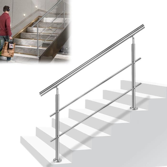YUENFONG Rampe d'escalier en acier inoxydable pour escaliers, balcon, intérieur et extérieur, argent (160 cm, avec 2 traverses)
