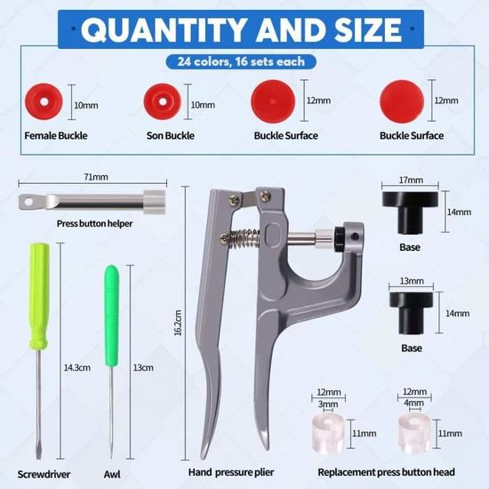 Kit Complet 360 Boutons Pression Plastique T5 + 48 Métalliques + Pince à Coudre Rose