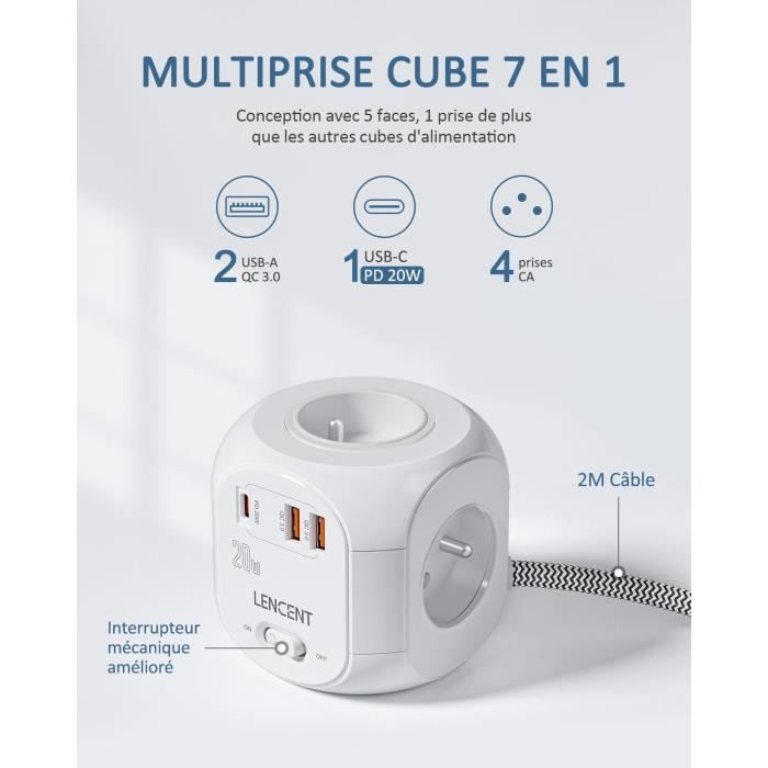 Cube Rallonge Multiprise Amélioré Pd 20W 2M Avec 4 Prises Ac, 2 Usb Et 1  Type C, Les Surtensions Pour Rallonge Électrique Ave[F595]