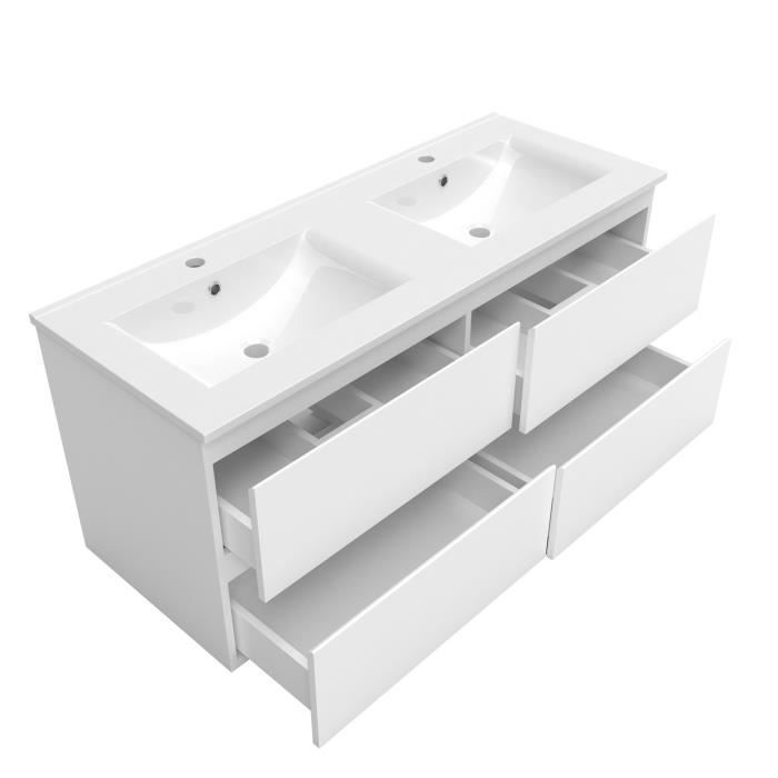 Meuble de salle de bain 2 vasques posées 120cm 2 tiroirs Blanc - Hudson - Maison