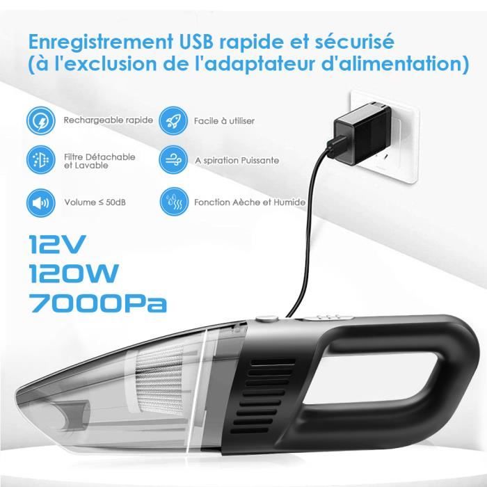 Czemo Aspirateur Voiture Puissant 7000Pa 120W Mini Aspirateur à Main sans  Fil Rechargeable avec Filtre HEPA USB Aspirateur de Table pour Maison