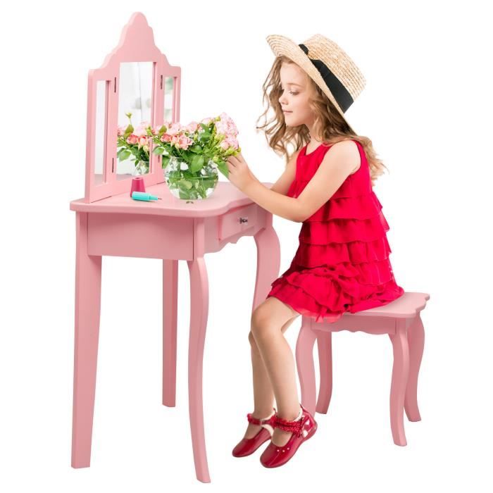 coiffeuse giantex 2 en 1 bureau avec chaise pour enfants miroir pivotants à  90 o amovible 3 tiroirs, 2 boîtes, rose - Achat & prix