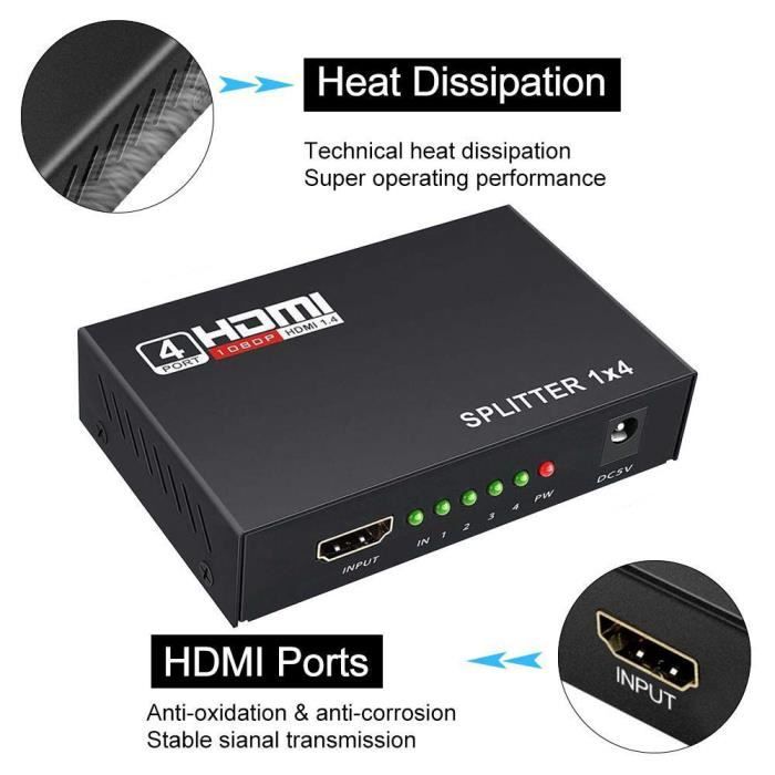 Splitter HDMI Répartiteur Convertisseur TV 4 Ports 1x4 avec 1
