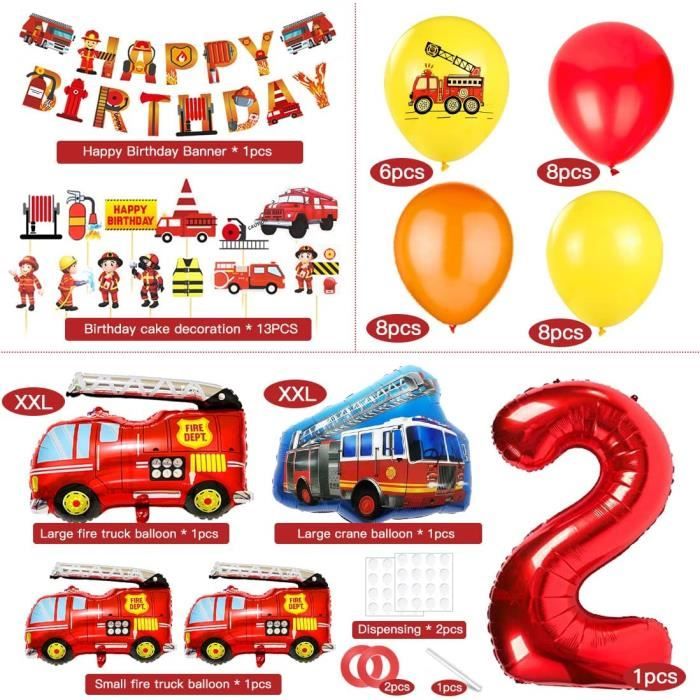 Kit Déco Anniversaire Pompier 32 Pièces – Ballons Camion, Bannière, Numéros – Fête Garçon 2 Ans – Complet Et Facile