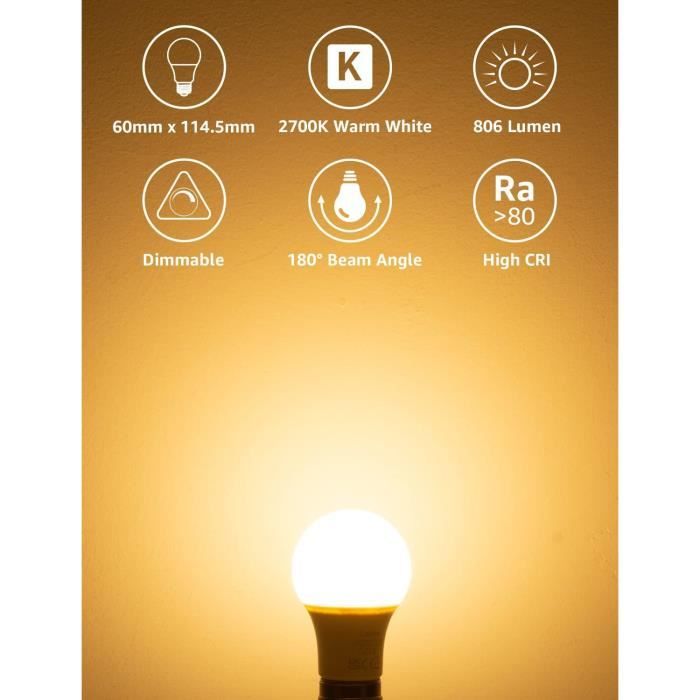 Lepro Ampoule LED E27 Dimmable, 8.5W Équivalent de 60W, 806lm, Blanc Chaud  2700K, 180° Larges Faisceaux, Ampoules Économie [93]