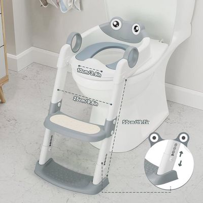 Reducteur Toilette Enfant, Rehausseur Toilette Enfant avec Marches Réglable en Hauteur Pliable , Siège Toilette pour Garçon / Fille - Gris