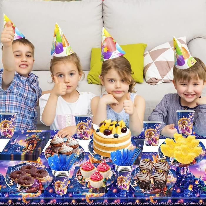 Set de 73 pièces - Décoration d'anniversaire d'enfant - Motif Raiponce -  Pour anniversaire d'enfant - Vaisselle d'anniversaire d'enfant - Pour fête  d'anniversaire d'enfant, barbecue, décoration de table pour 10 enfants 