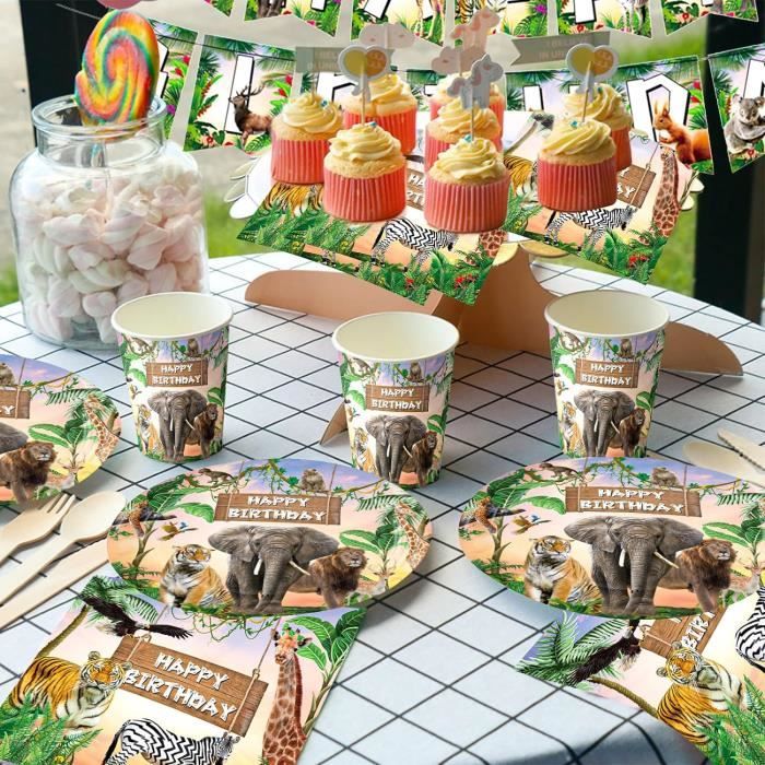 40 Pièces Vaisselle Jungle Anniversaire - Assiettes Et Serviettes Animaux | Décoration Table Enfant