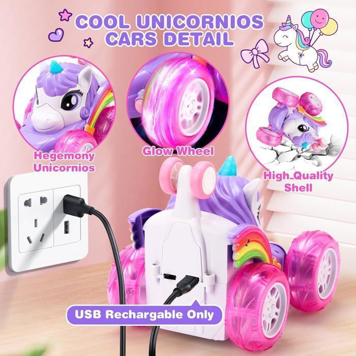 Voiture RC Licorne Transformable – 2 Batteries, 360°, Lumières LED, Dès 3 Ans