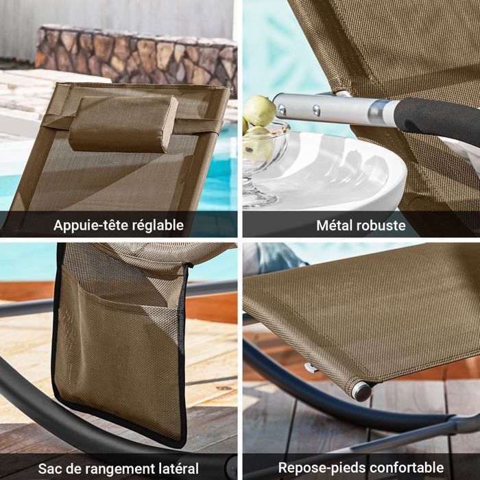 Outsunny Chaise Longue Double Avec Toit Solaire - Transat Bascule Pour 2 Personnes - Noir