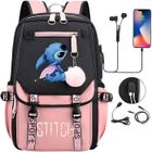 AODUX Sac à Dos Stitch, Sac à dos pour Enfants, Sac à dos d'école Sac à Dos Scolaire, aux Enfants Adolescents avec 2 USB pour Enfent,Rose