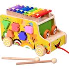 WILTEC Bebe Enfant Bois Bus Jouet Enfant Jeux Construction Bois Xylophone Bebe 18 Mois avoir Forme Géométrique 8 ton Et Marteau en Bois