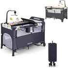 COSTWAY Lit Parapluie Bébé avec Matelas Pliant 5 en 1-Table à Langer,Boîte à Musique-3 Jouets-4 Hauteurs d'Accoudoir Réglables-Gris