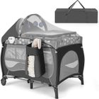 DREAMADE 5 en 1 Lit Bébé avec Table à Langer, Lit Parapluie avec Matelas & Moustiquaire, 3 Jouets Mignons & Boîte à Musique, Gris