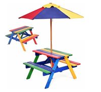 COSTWAY Table et 2 Bancs de Jardin avec Parasol pour Enfants en Sapin Table de Pique-nique pour 4 Enfants, Couleur Coloré