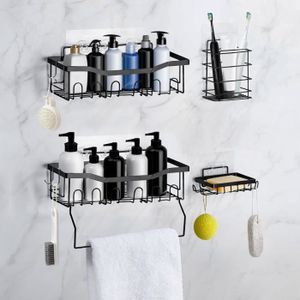 PORTE ACCESSOIRE Lot de 5 étagères de douche sans perçage, avec porte-savon et porte-rasoir, organiseur de douche noir avec porte-serviette et A494