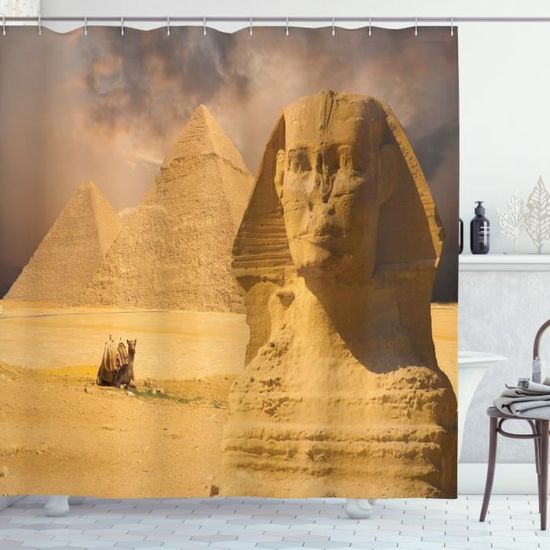 Abakuhaus égyptien Rideau de Douche, Sphinx Old Face, 175 x 200 CM, Ambre Sable Marron