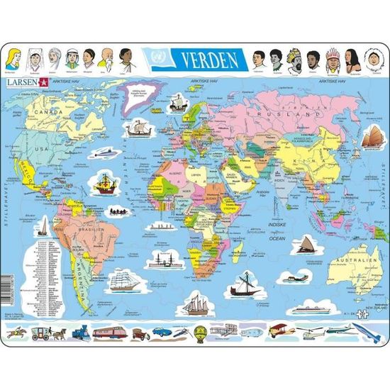 Larsen K4 La Carte Physique du Monde, édition Anglais, Puzzle Cadre avec de 80 pièces