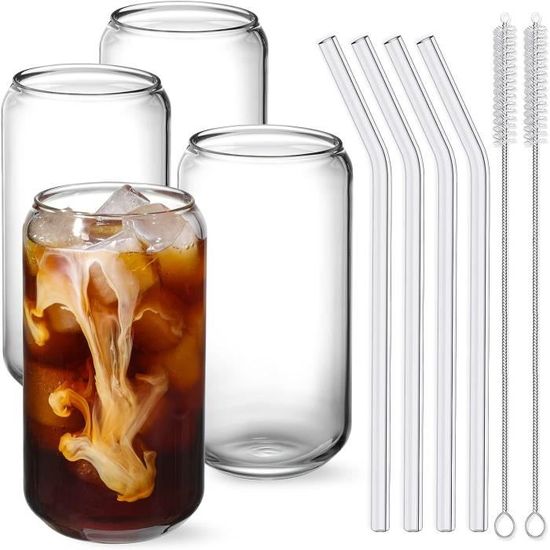 NETANY Lot De 4 Verres à Boire Avec Paille En Verre – 473,6 G