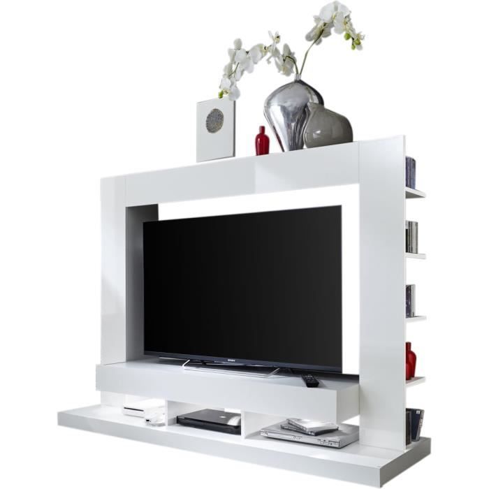 Ensemble meuble TV coloris blanc en panneaux de particules mélaminés L. 170 x P. 46 x H. 124 cm collection Motionless Blanc