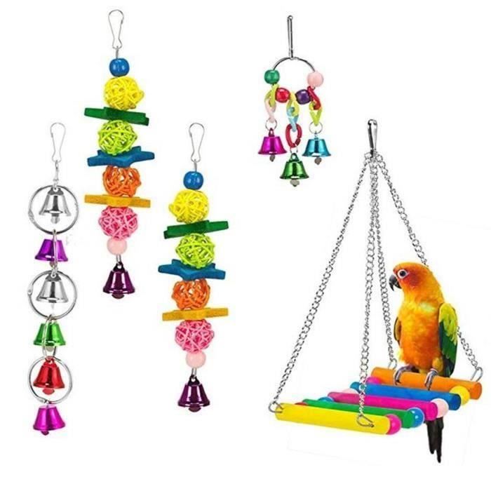 Parrot Oiseau Toy Set Bells Swing pont suspendu en bois coloré Chewing Pet Cage_L3184 A09041