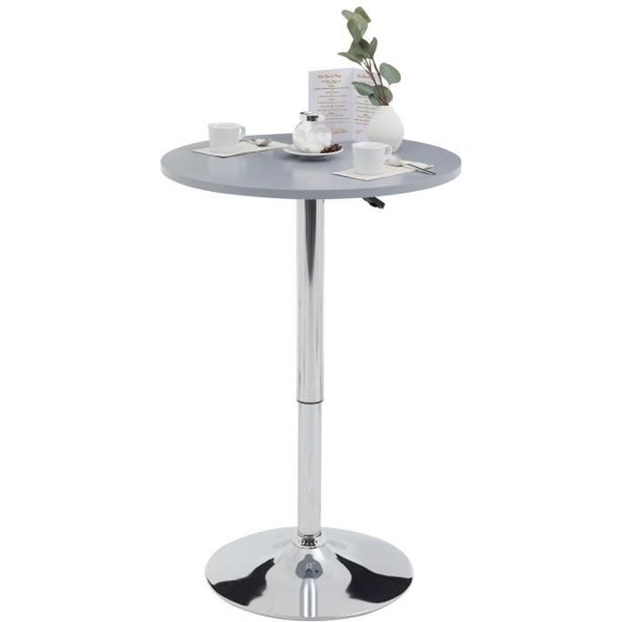 Table haute de bar VISTA table bistrot ronde hauteur réglable avec plateau tournant en MDF gris et socle en métal chromé