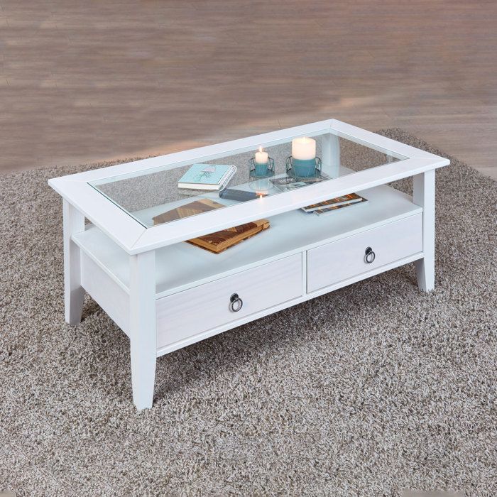 Table basse Provence avec plateau en verre de sécurité et 2 tiroirs, réalisée en pin massif.