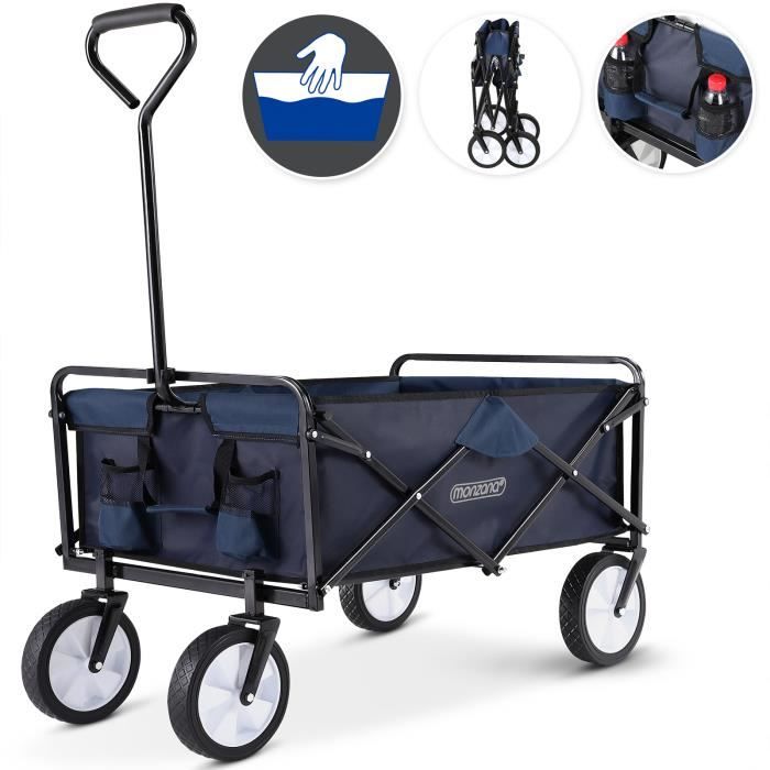 Chariot de jardin pliable 4 roues 70 kg Chariot de transport à main bleu foncé Chariot de plage charrette remorque