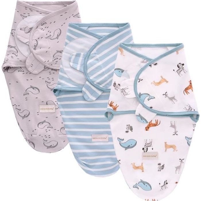 Miracle Baby 3 Pièces Couverture d'Emmaillotage Gigoteuse Sac de Couchage Lange pour Bébé Nouveau-Né 0-6Mois(Baleine+Elan+Rayures)
