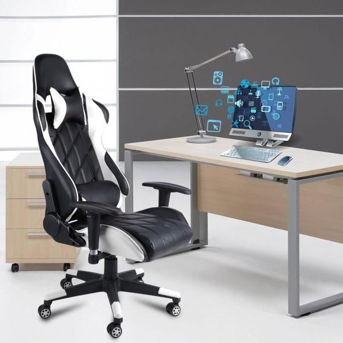 Chaise Gaming en Cuir Chaise de Bureau Pivotante Fauteuil Ergonomique avec Appui-tête et Oreiller Lombaire - blanc