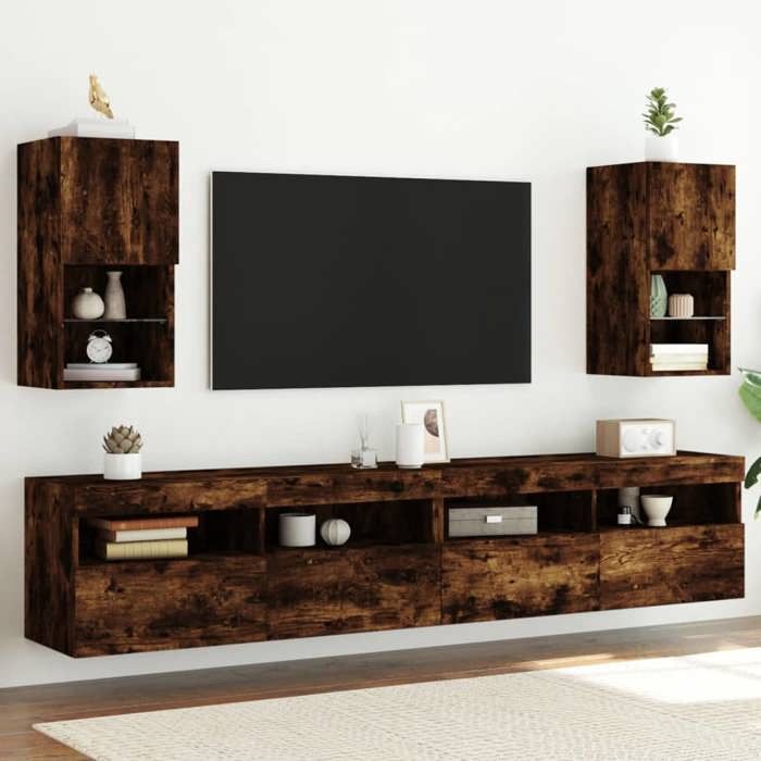 vidaXL Meubles TV avec Lumières LED 2 pcs Armoires de Télévision Murales Meubles Télé Suspendus Moderne Chêne Fumé Bois 836996