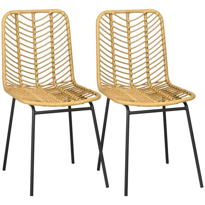 lot de 2 chaises en résine tressée jaune - imitation rotin - piètement métal - design bohème - chaise de salle à manger salon