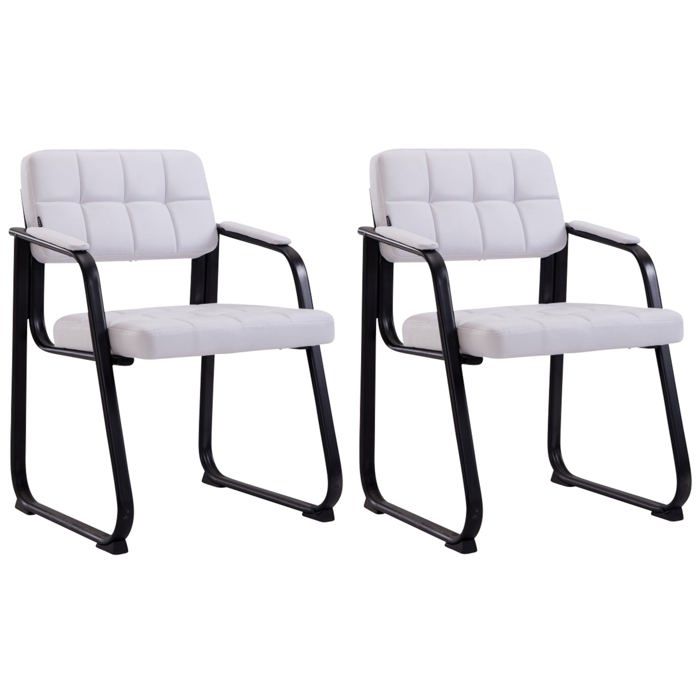 Lot de 2 chaises de bureau visiteur avec accoudoirs assise en PVC blanc cadre metal noir 10_0003112