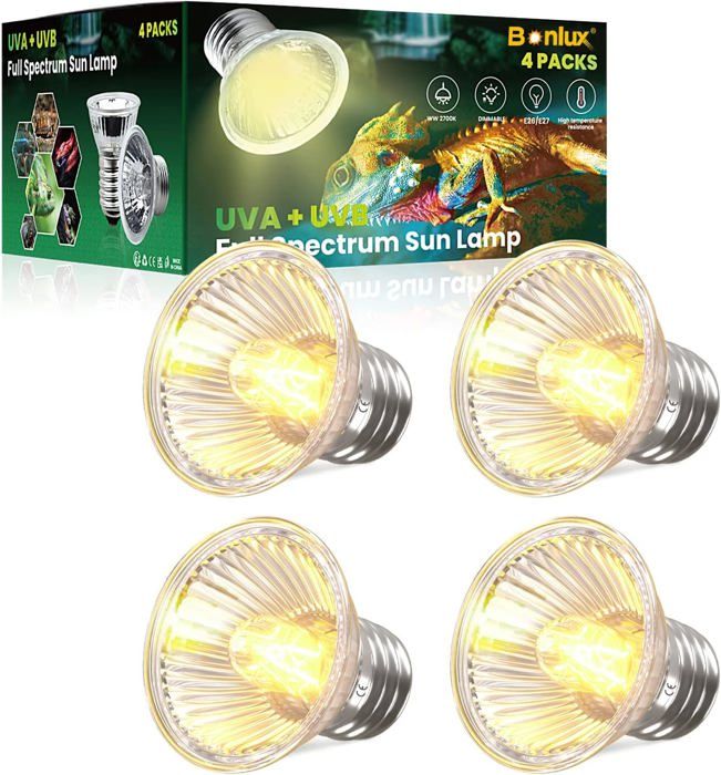 Meilleurs prix pour E27 Ampoule Chauffante 50W Tortue Lampe Chauffante pour Animaux de Compagnie 220-240V UVA + UVB E27 Ampoule Reptile Aquarium,(4pcs)